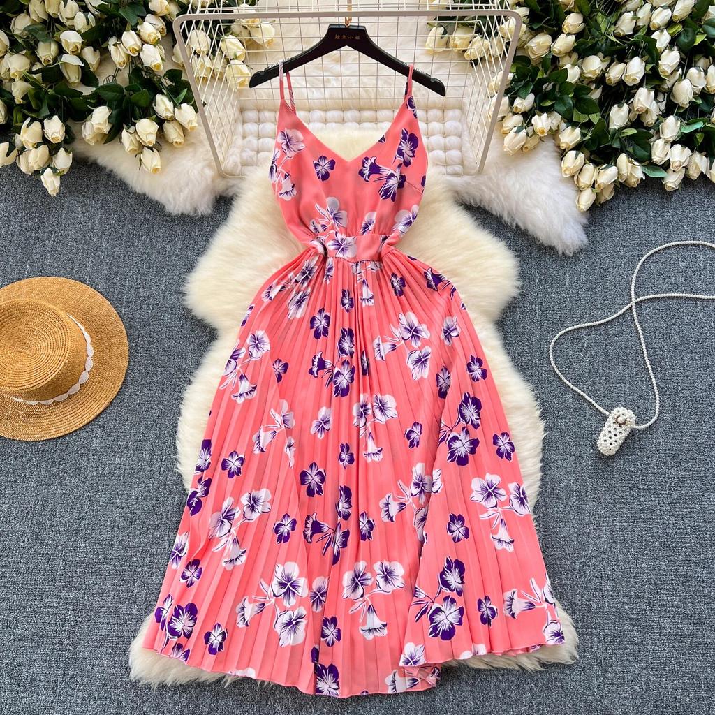 Dámské šaty Francouzský Retro Sváteční Styl Květinový Potisk Sexy Šaty Nepravidelný Výstřih do V Slim Plisované Letní
