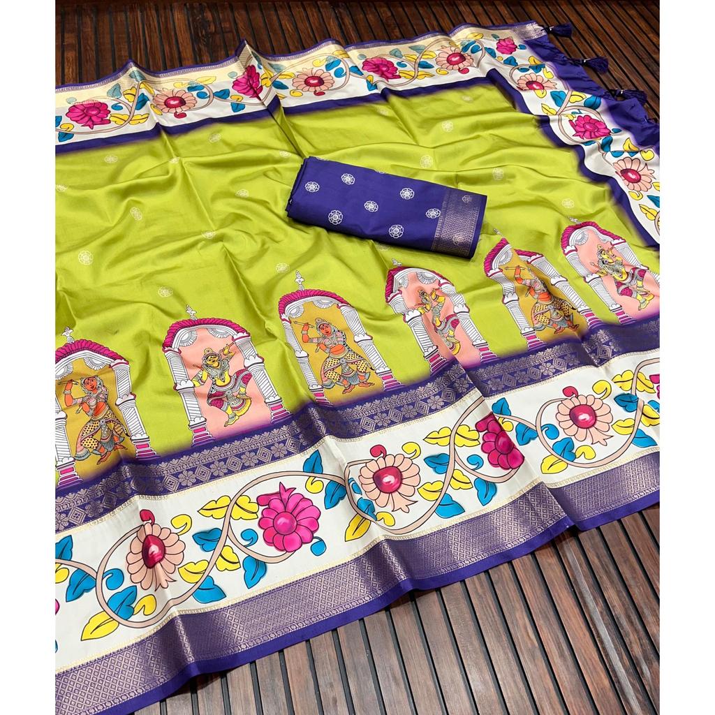 Pure soft lichi Silk Original Viscose dayebal jari weveing Jaqucard Border Ultra HD high quality 3D pen kalam kari printing pallu