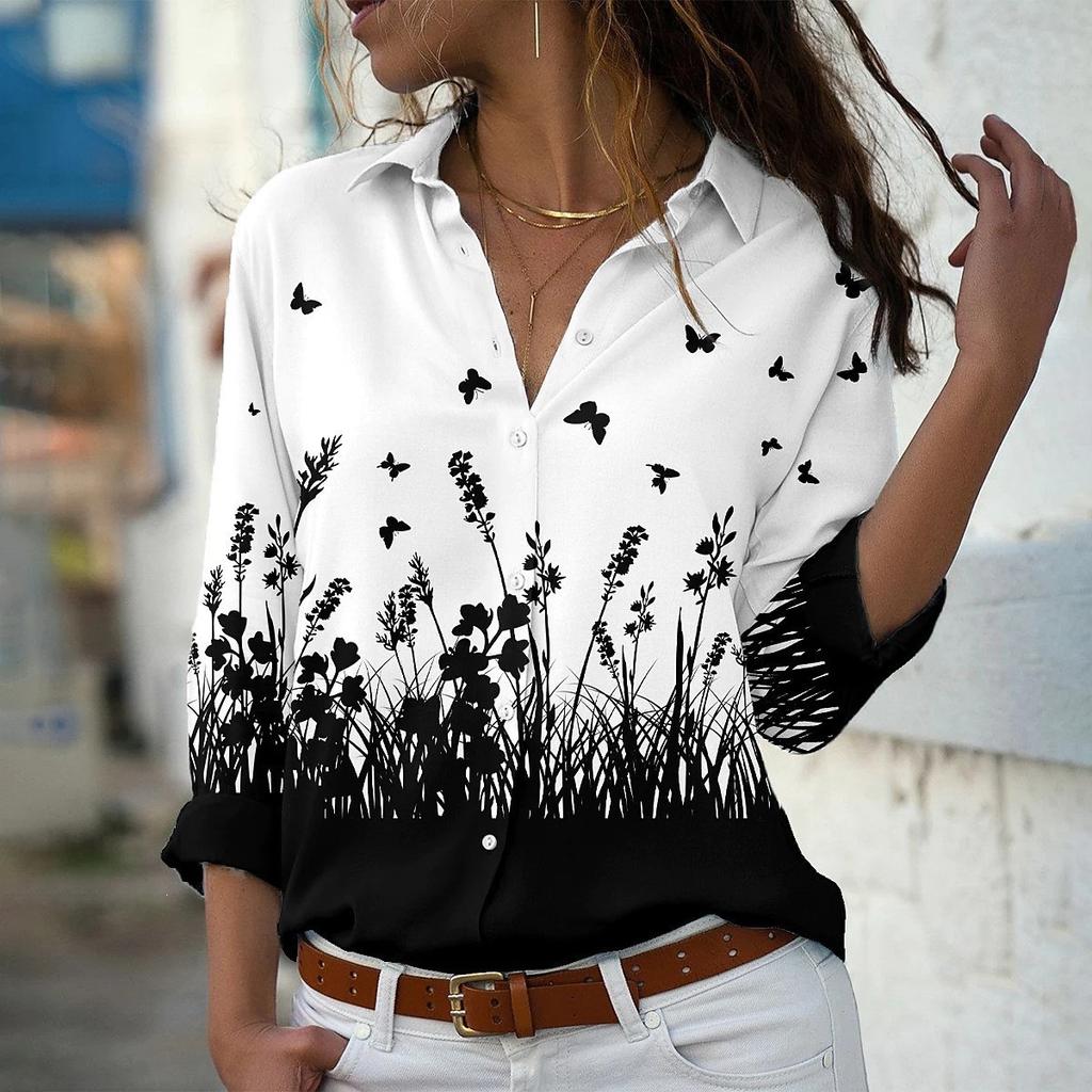Manufacturer 1116 New Fashion Small Flower Printing Lapel Long Sleeve Shirt Women