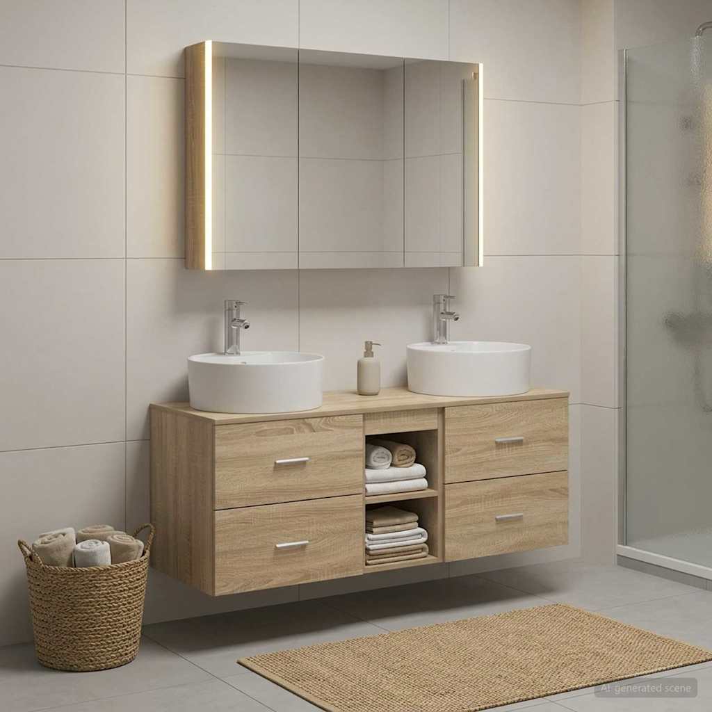 Bathroom Furniture Set 4 Pcs Sonoma Oak Engineered Wood and Glass