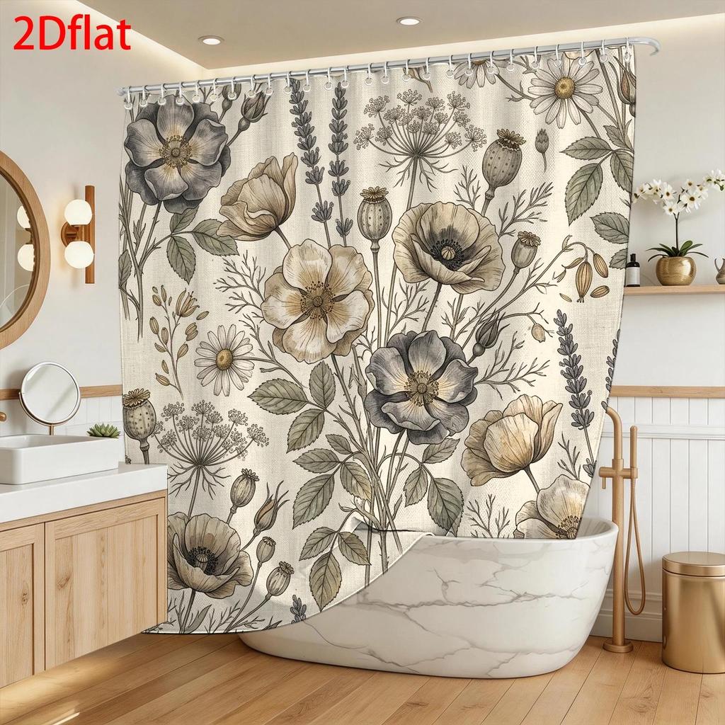 Eleganter Blumiger Botanischer Duschvorhang Polyester Wasserdicht Badezimmer Dekor Vorhang Wasserdicht Vintage Natur Design