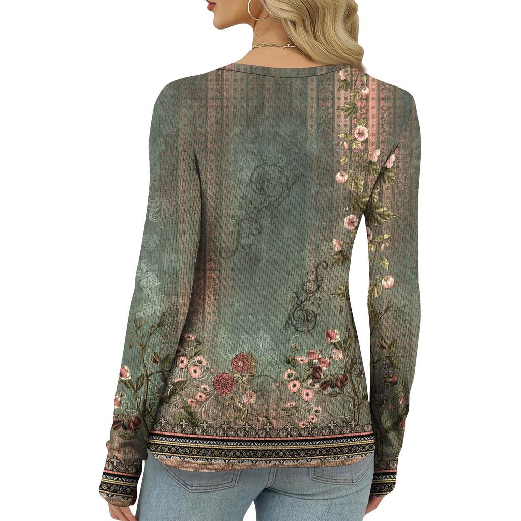 Women's  And Winter Slim Bottom T-shirt Fashion Casual Gradient Printing Round Neck Pullover Long Sleeve Top