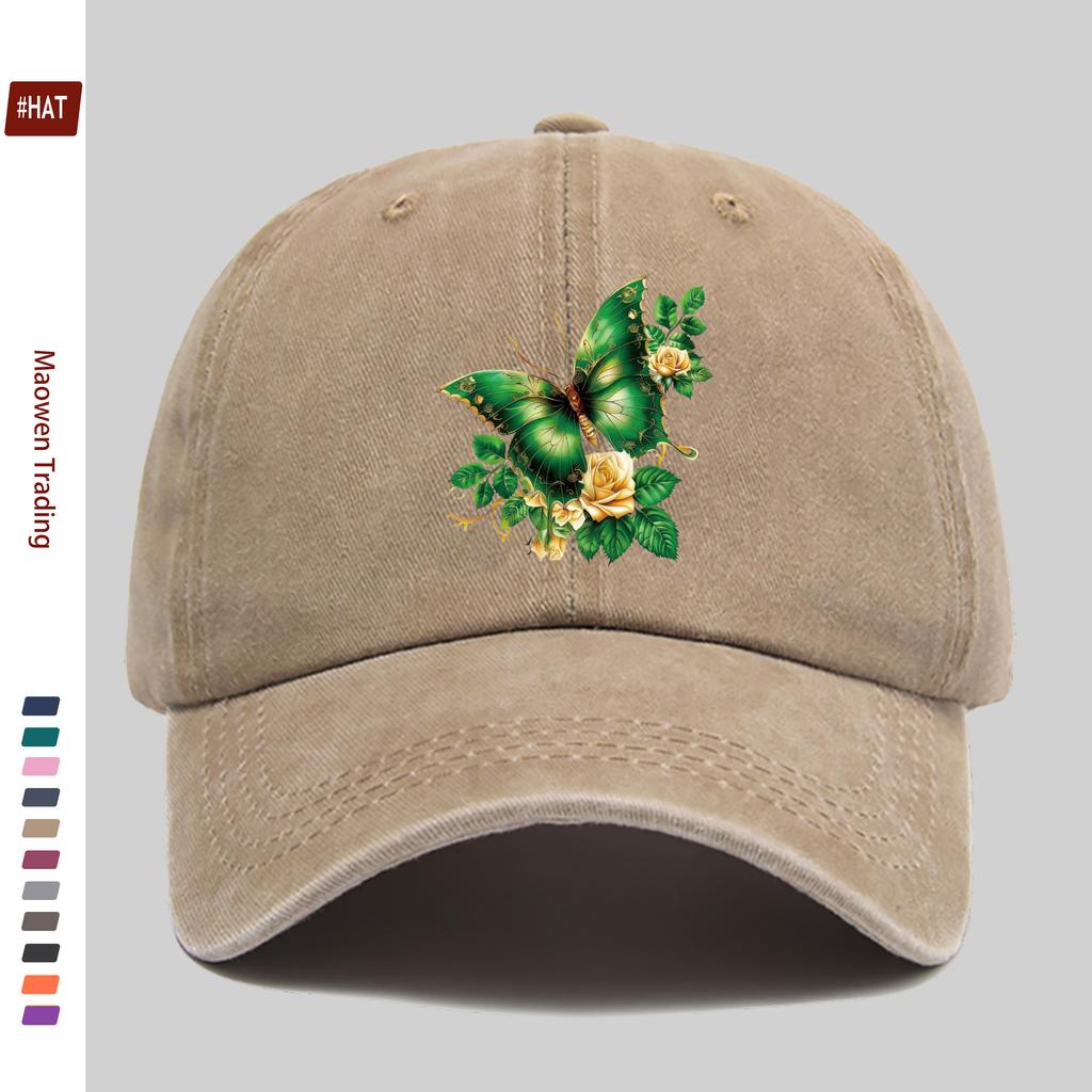 Pc Rose and Green Butterfly Print Baseball Cap Suitable for Spring Summer and Autumn Comfortable and Lightweight Sun Hat Wi