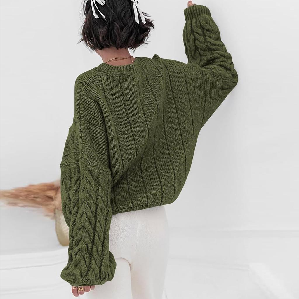 Women's Solid Color Thick Needle Big Dough Twists Loose Pullover Round Neck Long Sleeve Sweater