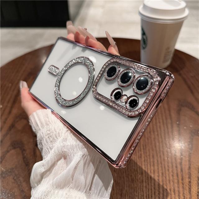 For Samsung Galaxy S25 Ultra Luxury Glitter Magsafe Magnetic Plating Diamond Frame Phone Case For Samsung S22 S23 S24 Plus Cover
