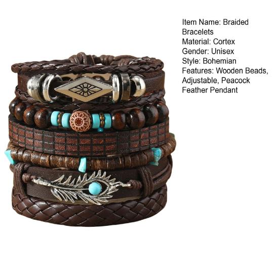 6 Pcs Braided Bracelet Set Different Shapes Wooden Bead Decor Peacock Feather Pendant Retro Ethnic Style