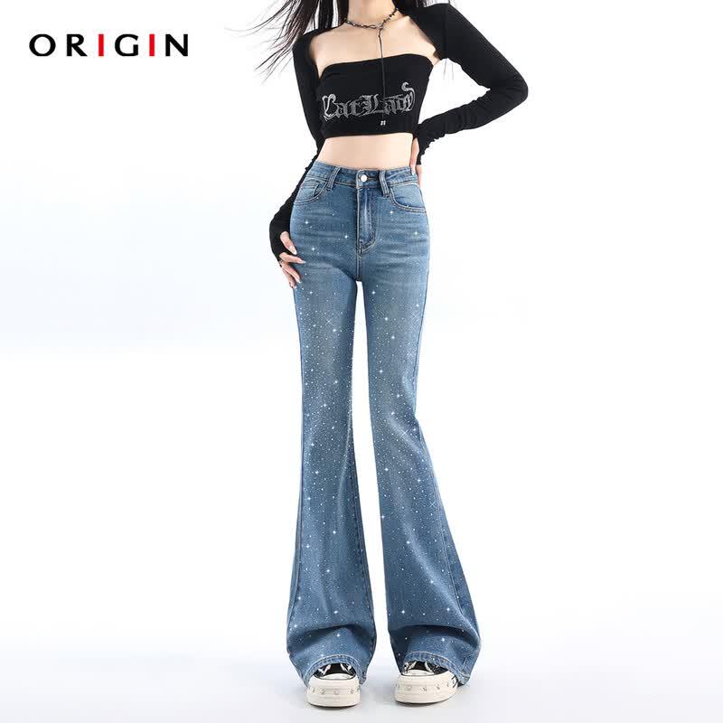 ORIGIN Women s High Waist Rhinestone Micro Flare Jeans XL