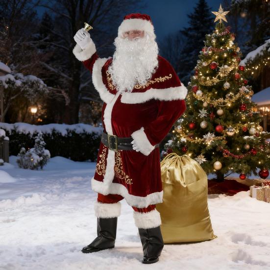Santa Claus Costume Set Velvet Adult Suit Traditional Red Velvet Santa Ensemble Complete Accessories Performances Clothes