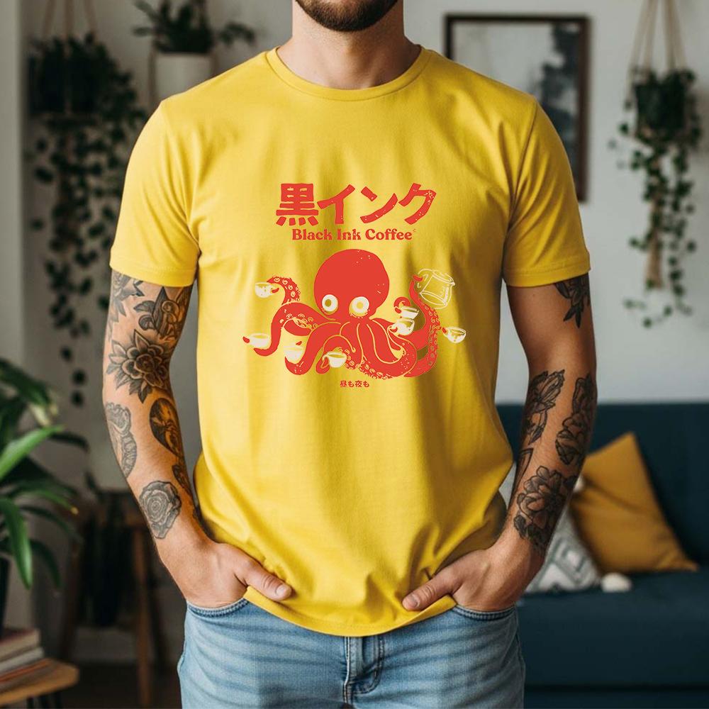 2026 Summer 100 Pure Cotton Unisexs Black Ink Coffee Octopus Print Round Neck Short Sleeved Street Cool Casual Breathable Tshirt