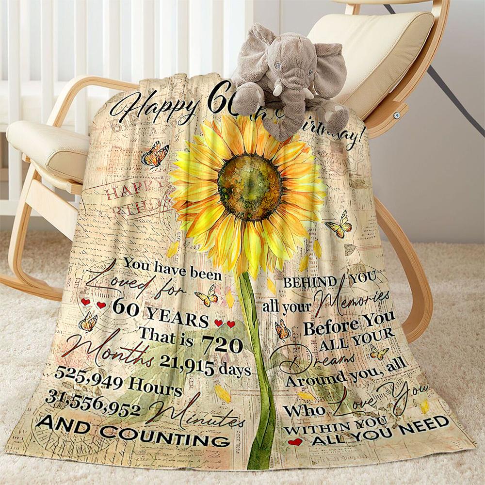 Happy 60th Birthday Sunflower flannel,Lightweight,Flannel Blanket,Comfortable Blanket, Sofa Blanket, Gift blankets,Holiday Gift Blanket Blankets