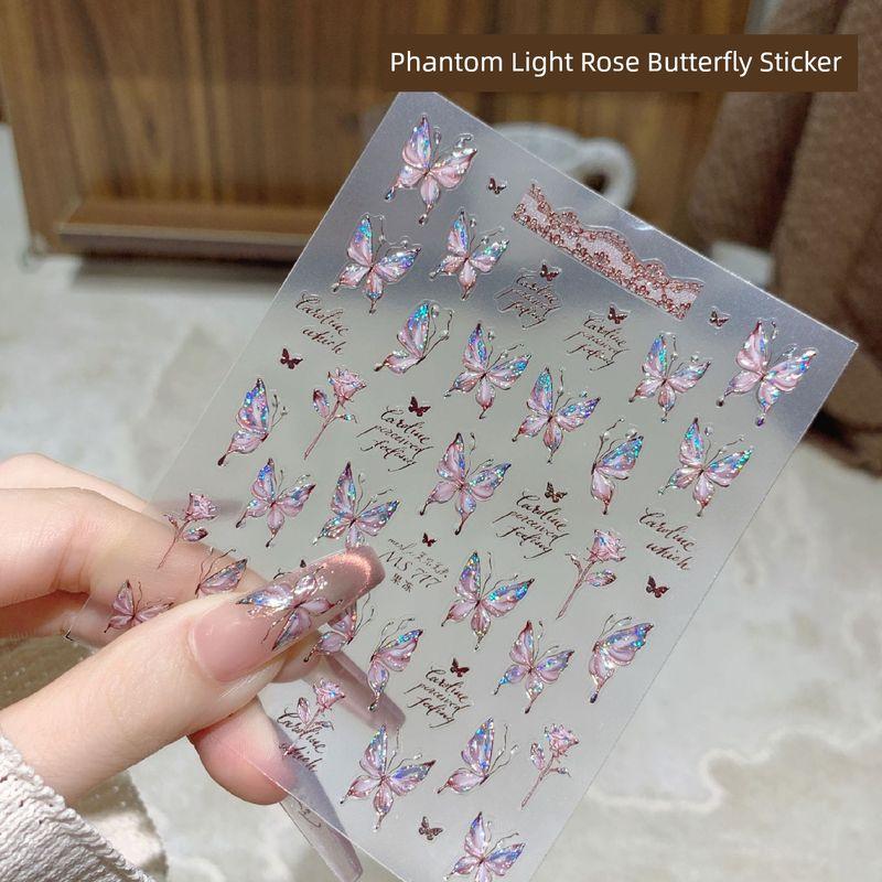 

Colorful Light Rose Butterfly Nail Sticker New Arrival Aurora Elegant Pink Shell Light Nail Decals Decoration Sticker Rose Butterfly MS717