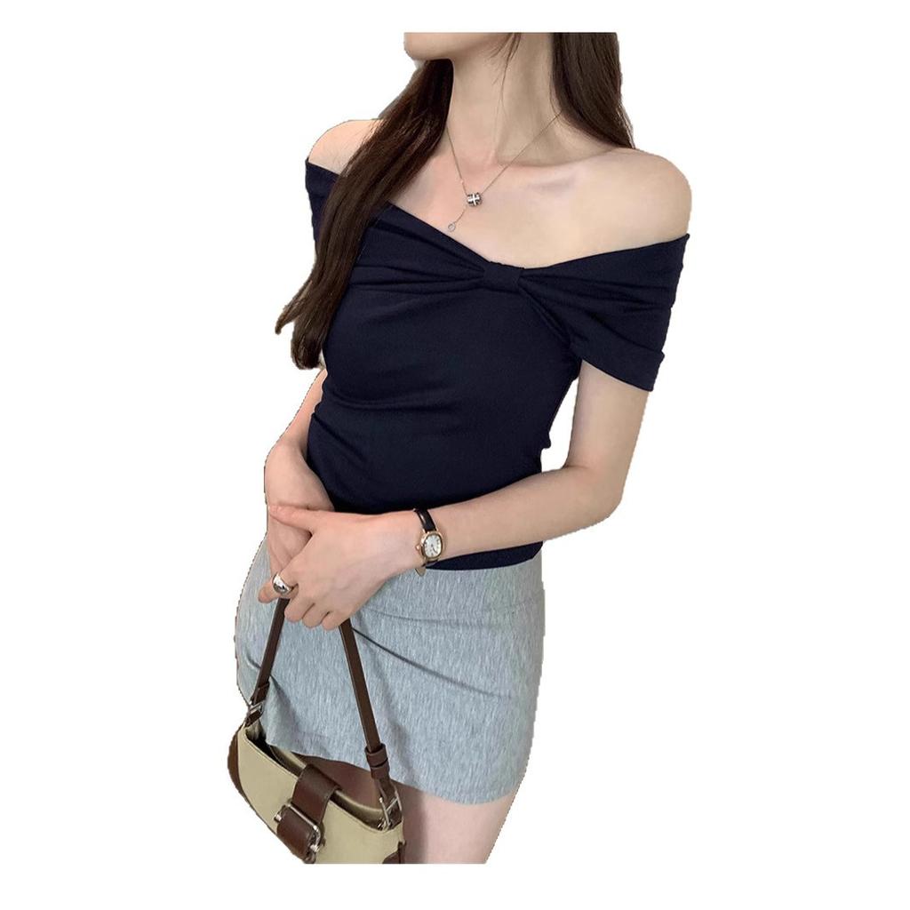 Pleated Bow One-word Shoulder Design Short-sleeved T-shirt Women's Summer New Slim-fitting and Thin Niche Top