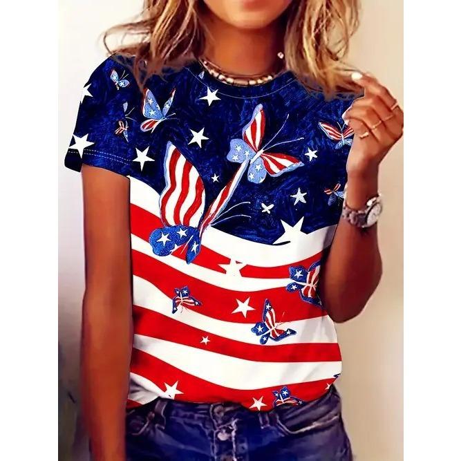 Summer Round Neck American Flag Theme Pattern 3D Print Top Fashionable Casual Short Sleeved Women's T-shirts