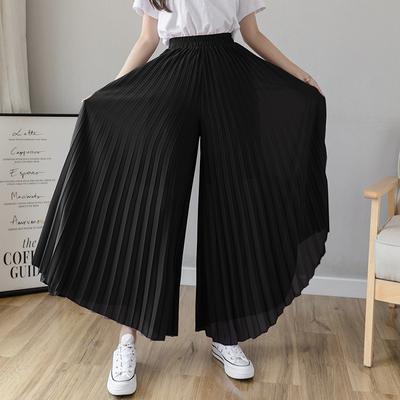 Women Summer Pleated Loose Pants Fashion Female Chiffon Elastic Waist Skirt Pants Wide Leg Pants