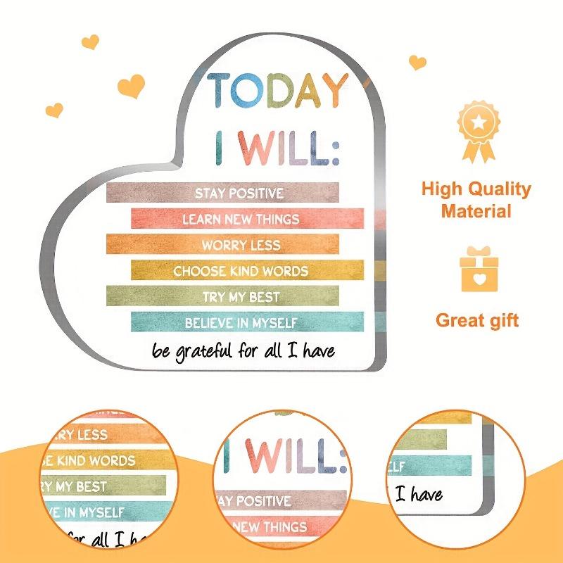 2D Flat Heart-Shaped Acrylic Colorful Affirmations Desk Decor Plaque, Suitable for Wall Decoration, Porch, Room, Villa, Accents Home, Hallway, or Work