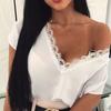 Kadınlar Seksi Düz Renk Dantel Patchwork Derin V Yaka Kısa Kollu Bluz Gömlek Üst