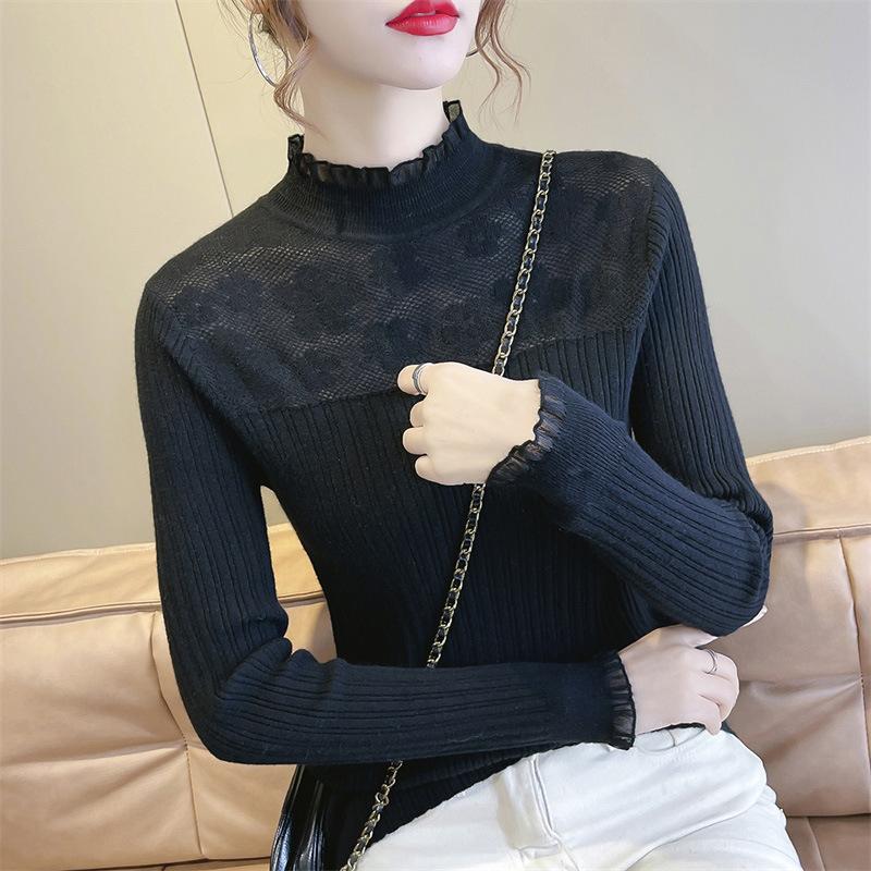 

Базовая рубашка с полувысоким воротом, осенний новый стиль, женская модная универсальная, с длинными рукавами, кружевной каймой, цветочный пуловер, вязаный свитер L чёрный