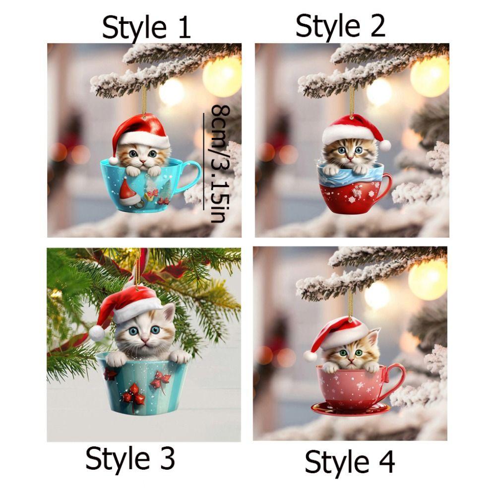Cartoon Christmas Cup Cat Pendant Acrylic Cat Rearview Mirrors Pendant for Car Xmas Tree Bag