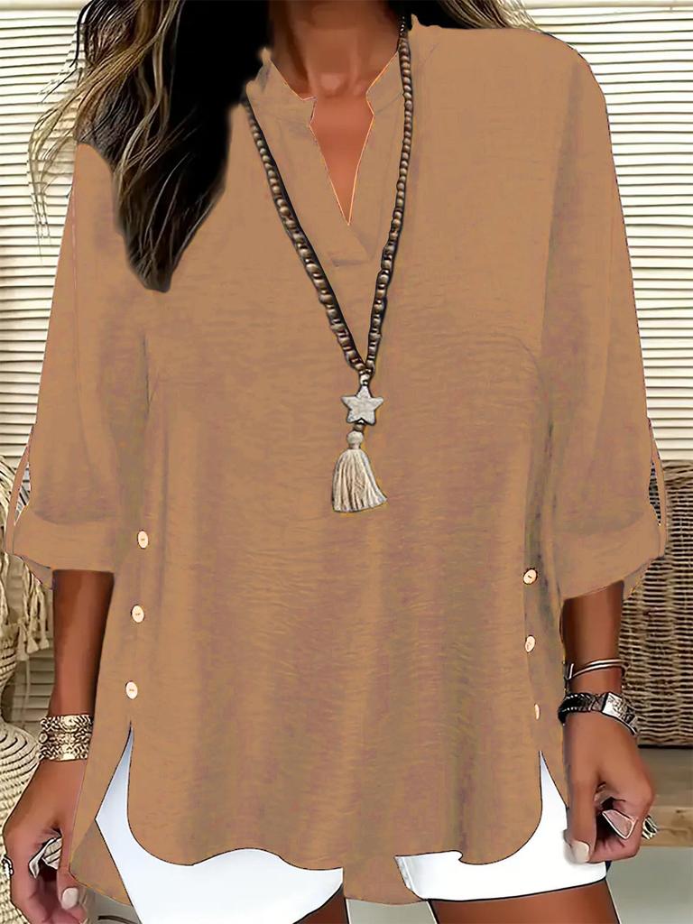 Plus Size Solid Color V-Neck Long Sleeve Button-Up Top - Women's Spring/Autumn Elegant Shirt