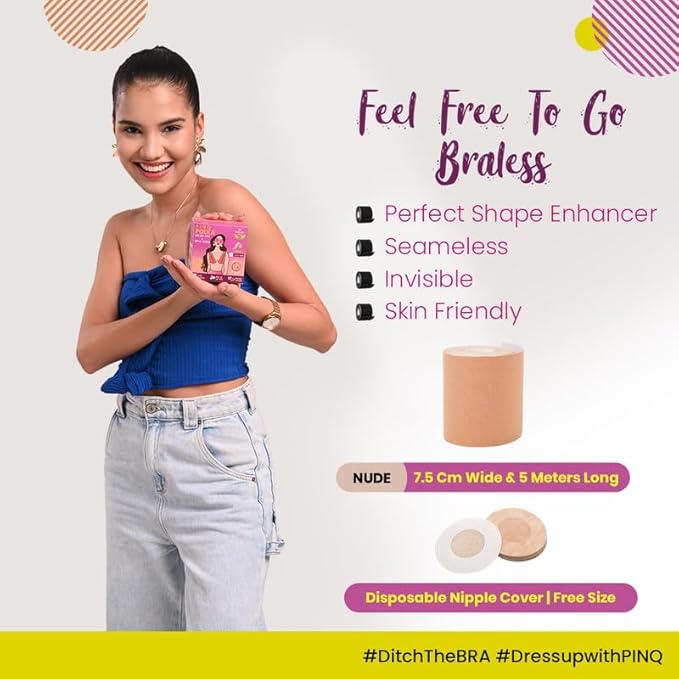 PINQ POLKA Boob Tape For Women for Breast Lift | Perfect Cleavage | Invisible Body Tape |Up To 12 Hrs Sticking Capacity| 7cm Wide & 5m Long |1 Pc