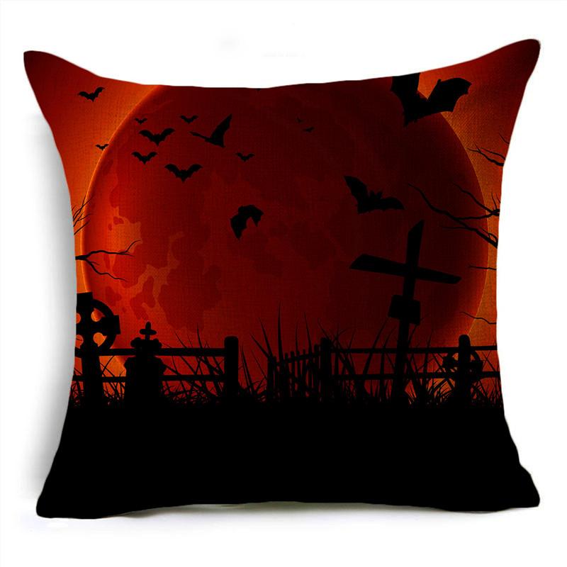 Red Halloween Night Moon Graveyard Bat Scarecrow Linen Throw Pillowcase Decorative Cushion Cover For Sofa Living Room Party