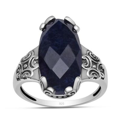 Anel com pedras preciosas de safira, prata esterlina 925 sólida, feito à mão, forma oval, conjunto de pinos duplos, anel para mulheres e meninas