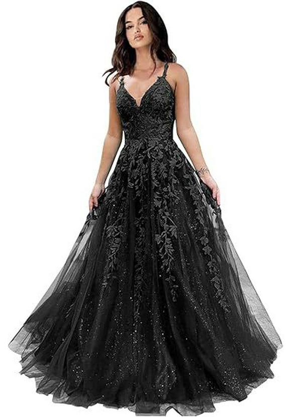 Elegante Abito da Sera in Rete Ricamata con Paillettes e Scollo a V Profondo