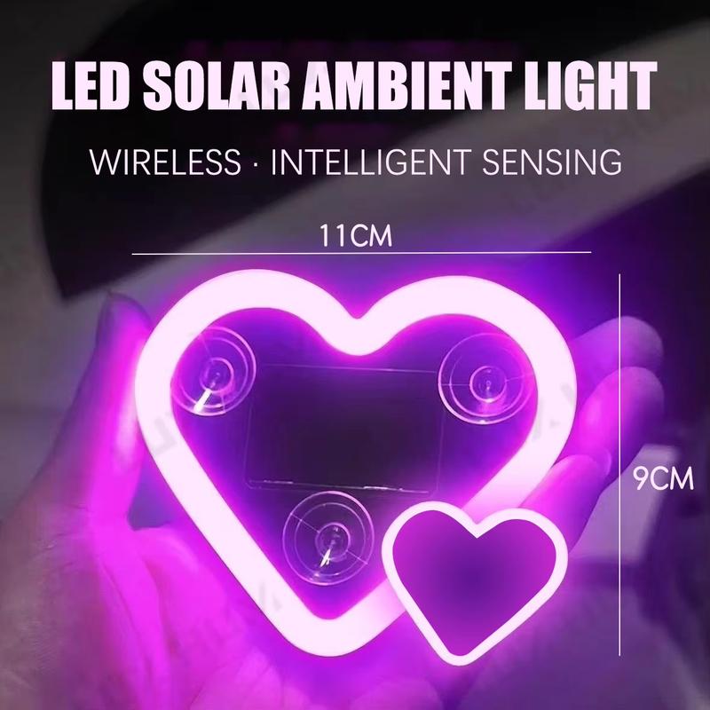 Solar Powered Car Neon Light Wireless Cute Double Heart Shaped Led Ambient Light Suction Cup Atmosphere Breathing Lamp