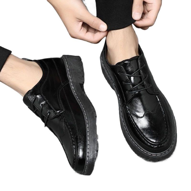 Summer British Leather Shoes Men's Korean Version Business Formal Casual Suit Round Headed Men's Shoes Youth Soft Leather Black Small Leather Shoes
