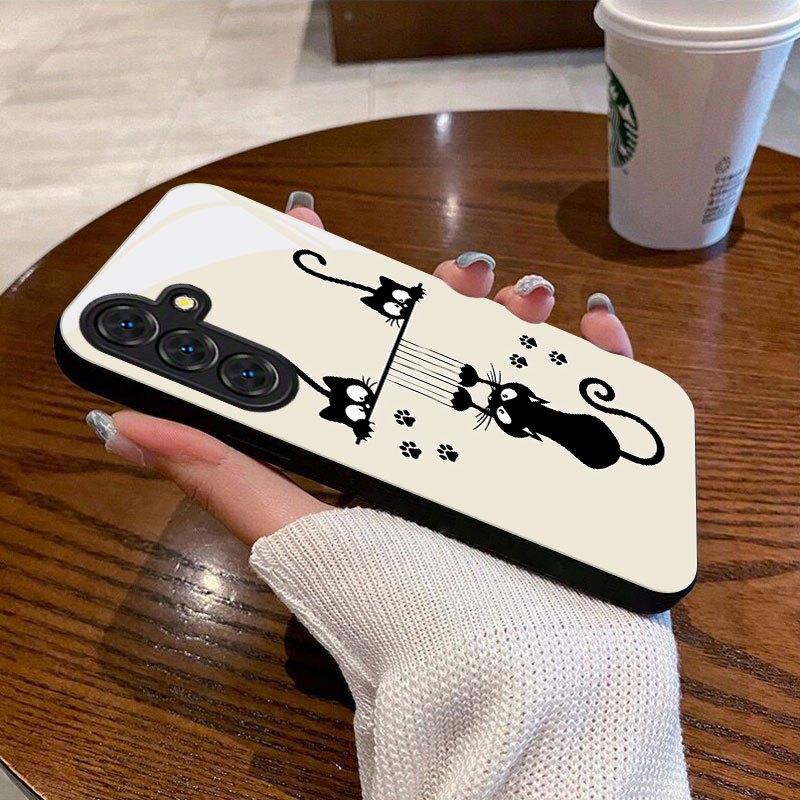 Black Cat Cartoon Pattern Glass Phone Case for Samsung Galaxy S26 S25 S24 S23 S22 S20 fe/plus/Ultra Anti Drop