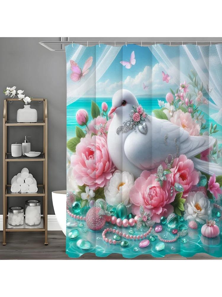 

White Dove Floral Pearl Creative Shower Curtain, Bathroom Decorative Shower Curtain, Waterproof Shower Curtain With Hooks W60H190(CM)-1 Pcs