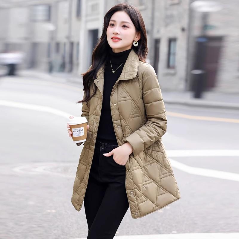 High-end light and thin rhombus cotton clothes women's medium and long styles, winter fashionable warm cotton-padded clothes and jackets are trendy.