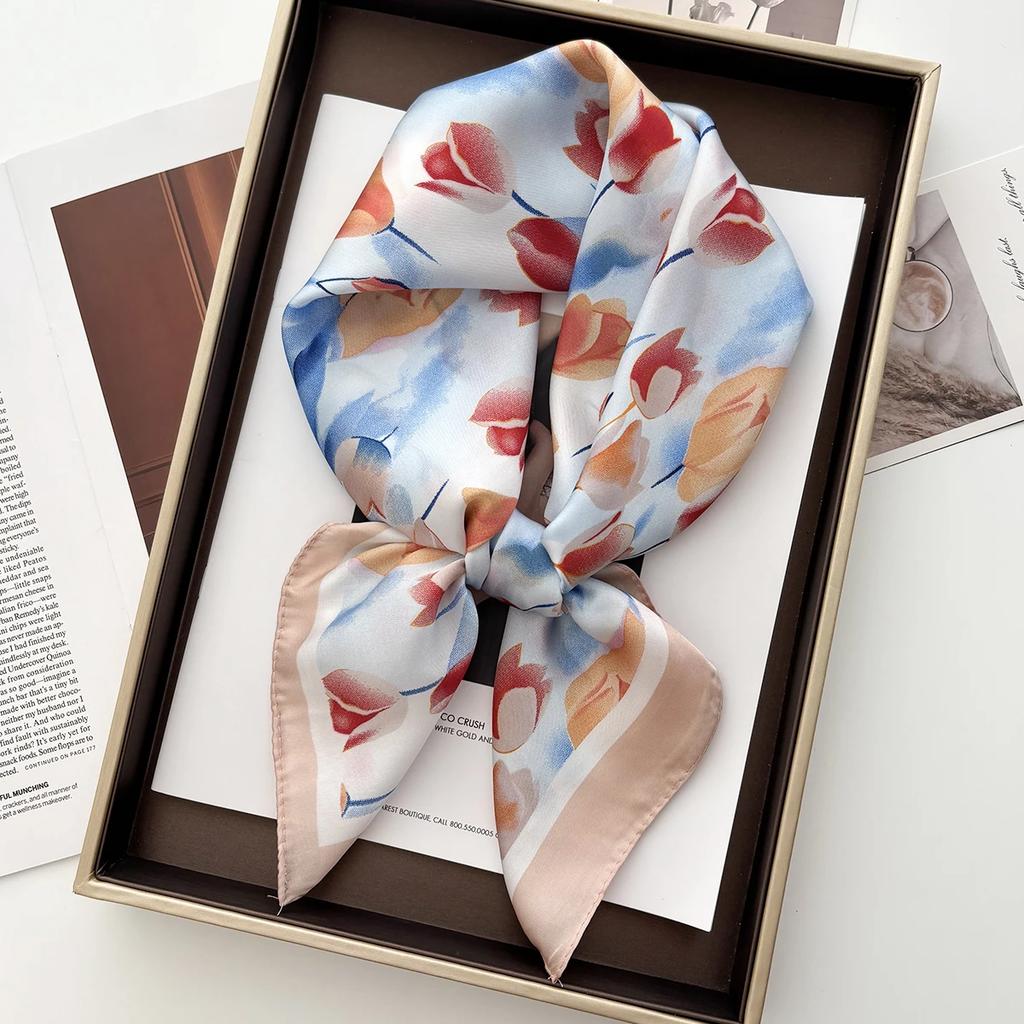 Color-blocked Print Shawl Square Scarf for Women Satin Fashion Wraps Neckerchief Female Hair Bands Ribbon Headband Bandana