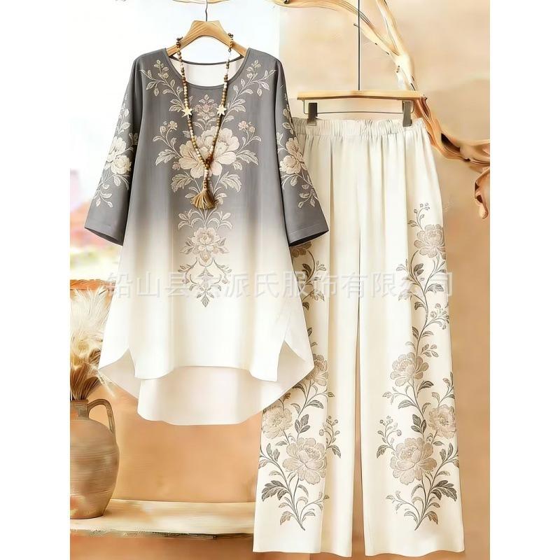 1116 European and American plus-size women's new vintage bohemian style round neck mid-sleeve set