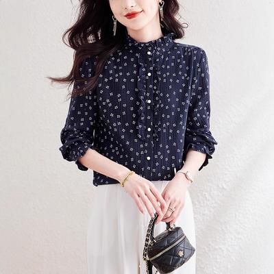Black Ear-side Stand-up Collar Shirt for Women Long-sleeved Spring Clothes New French Temperament Shirt Age-reducing Floral Top