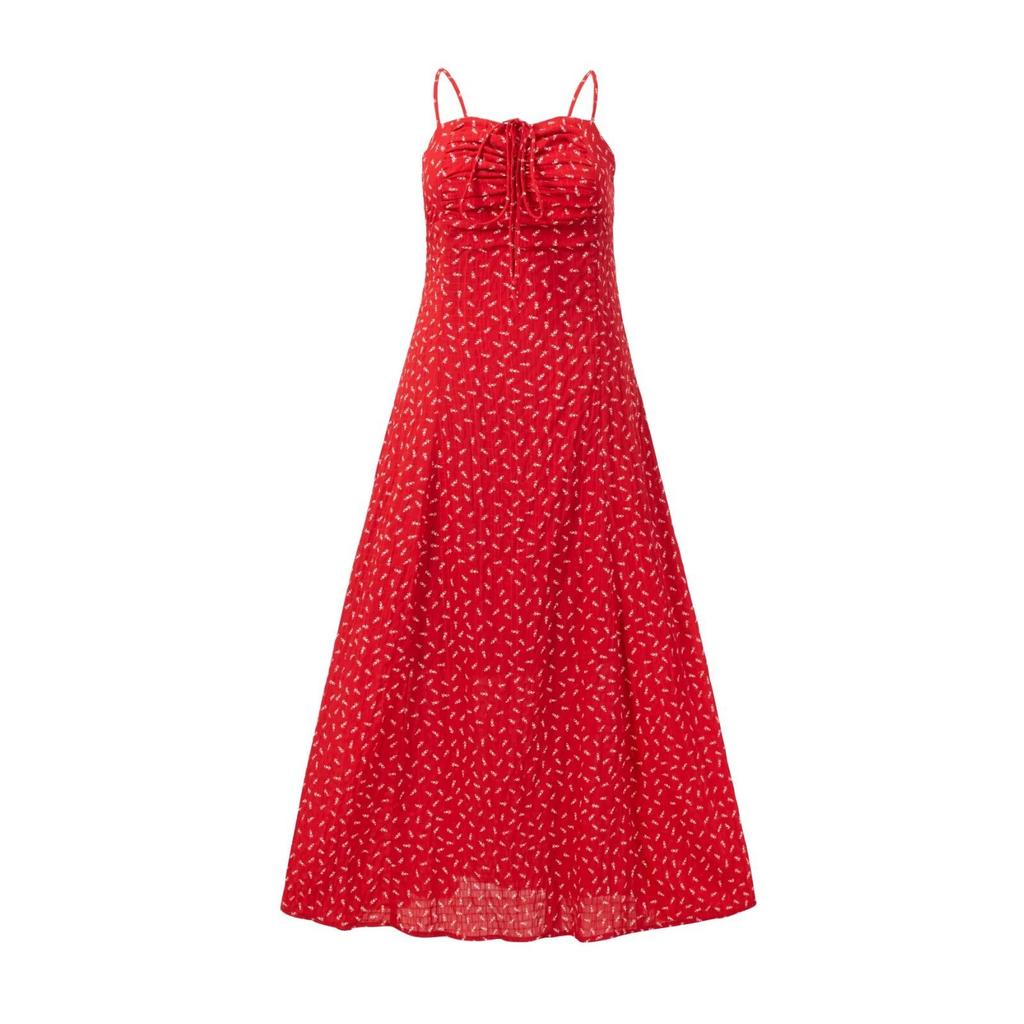 European and American style design pleated drawstring lace floral suspender skirt summer high waist thin A word holiday style dress
