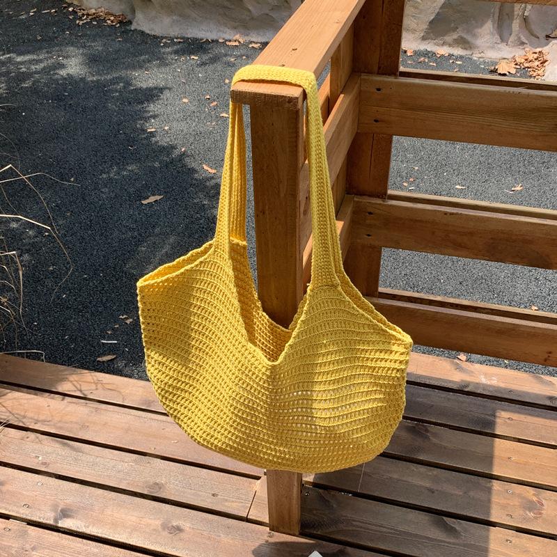 Korean Style Polyester Knit Tote Bag for Women Woven Shoulder Beach Purse