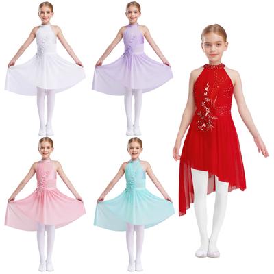 Kids Girls Ballet Lyrical Dance Dresses Sleeveless Irregular Hem Shiny Sparkly Rhinestones Delicate Applique Dress Dancewear
