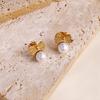 Cross Retro Pearl Temperament Earrings - 18K Gold Plated Stainless Steel with Diamond Inlaid Mother-of-Pearl Heart Bow Design