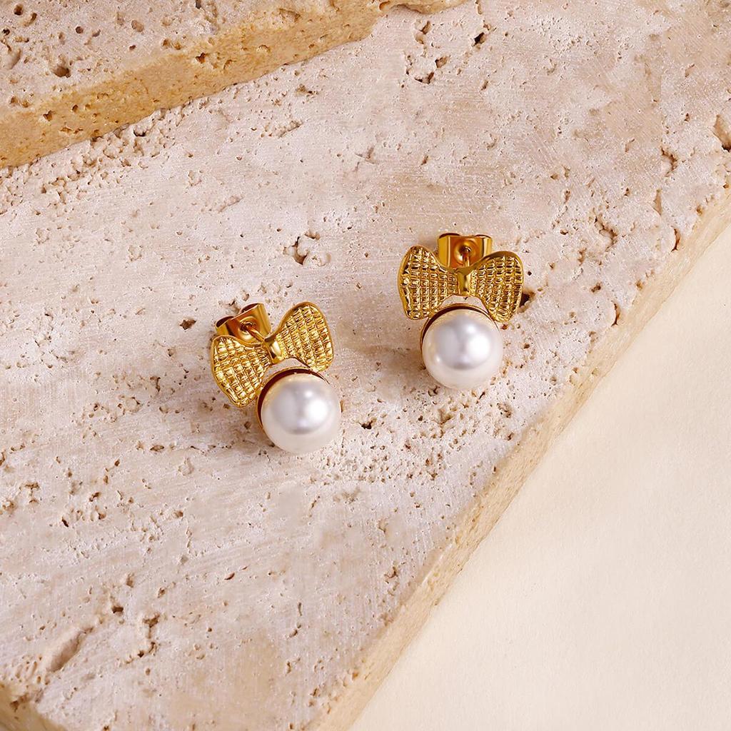 Cross Retro Pearl Temperament Earrings - 18K Gold Plated Stainless Steel with Diamond Inlaid Mother-of-Pearl Heart Bow Design