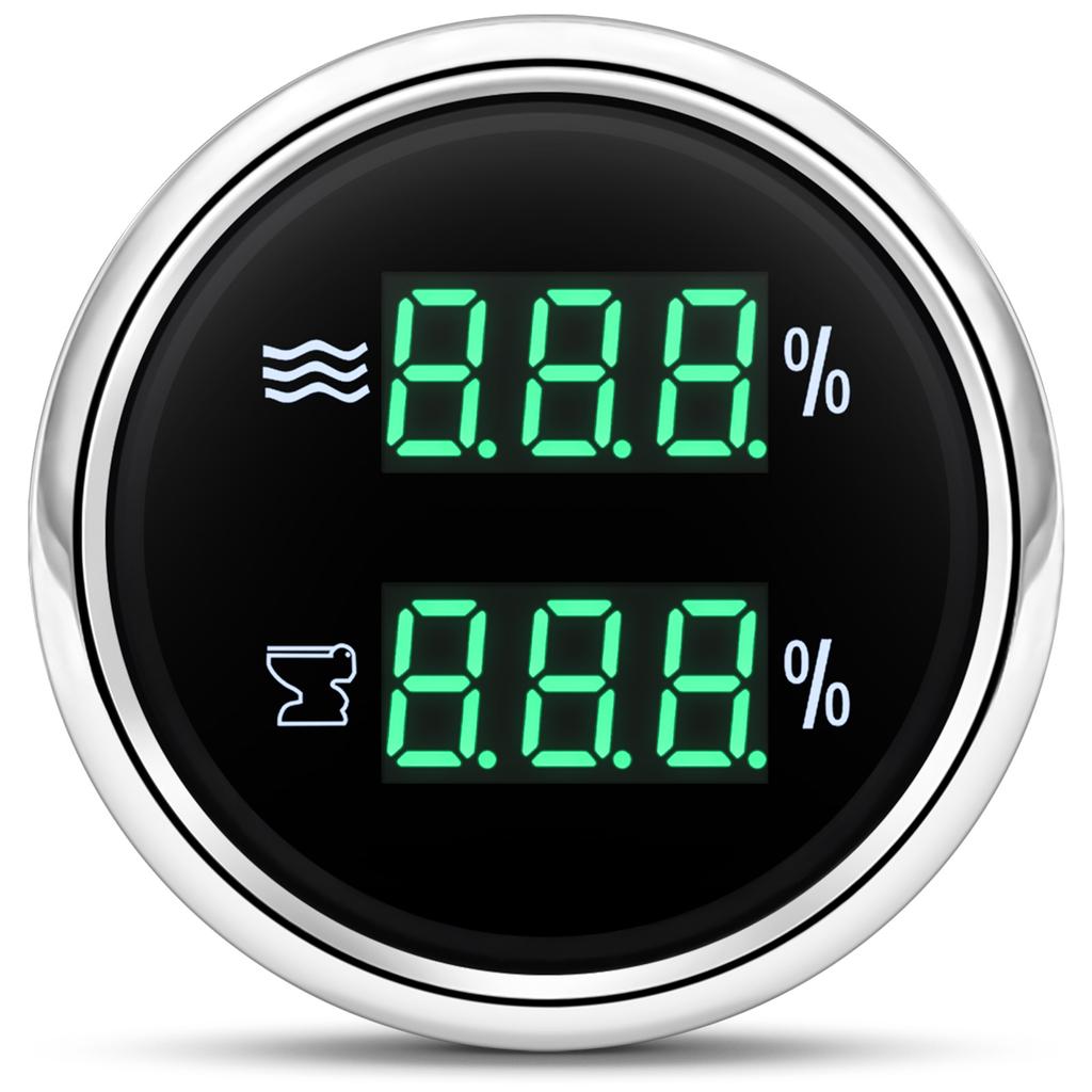 2 IN 1 Water Level Gauge+Sewage Level Gauge With Green Light Digital 52mm Dual Gauge 0-190ohm Sensor For Car Boat Yacht 12V/24V