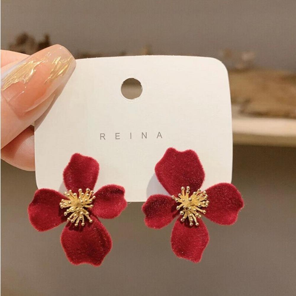 Flower Velour Ear Stud Accessories Light Luxury Earrings Sweet Solid Color Flower Earrings