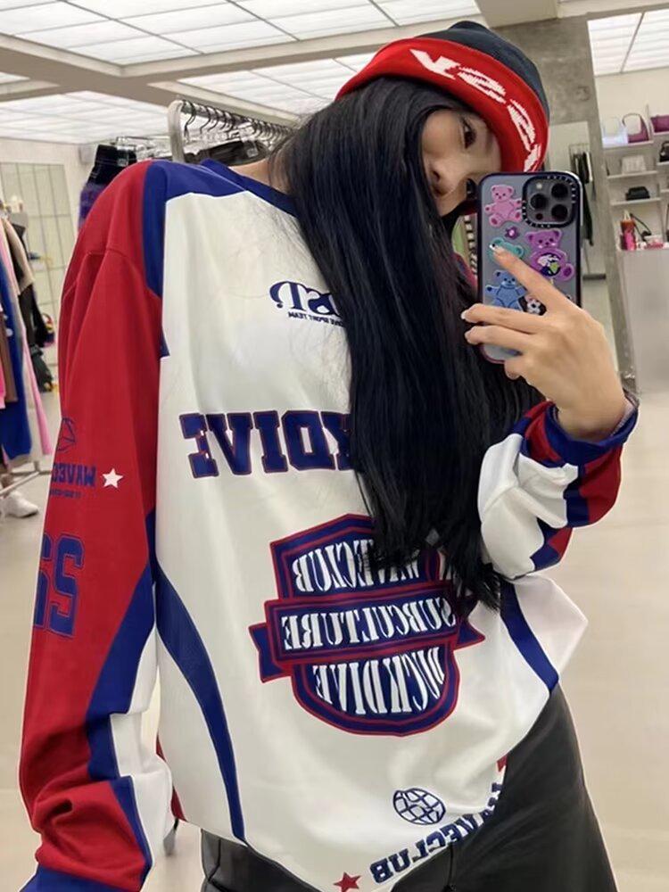 Women's Retro American Mesh Jersey with Street Print: Loose Long-Sleeved Dance Top