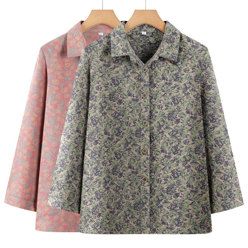 Pure Cotton Long-Sleeve Shirt for Middle-Aged and Elderly Women, Ideal for Spring and Autumn