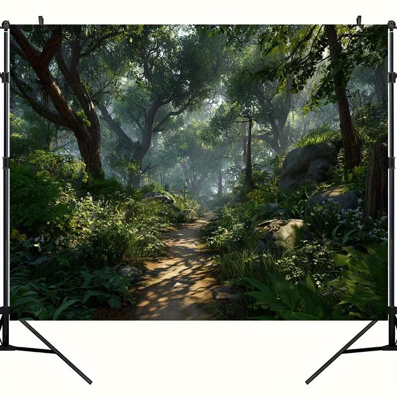 2D Woodland Forest Backdrop, Misty Green Path Background for Outdoor Themed Party