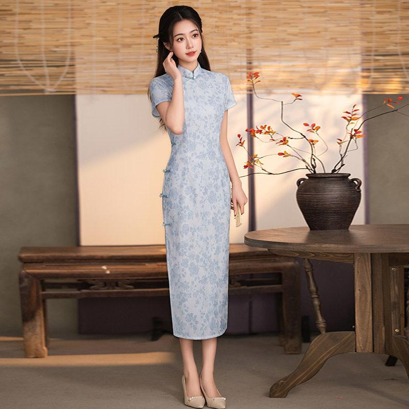 Blue National Style New Chinese Style Daily Suzhou Long Cheongsam Improved Young 1011 New Women's High Sense Summer