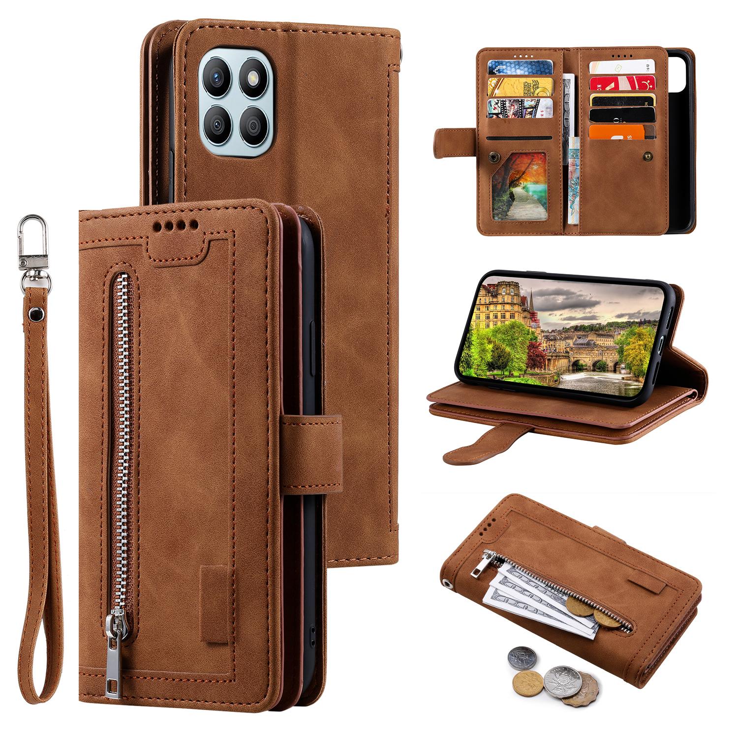 

Чехол для Honor X6b 4G из ПУ кожи, чехол для телефона с кошельком на молнии, 9 слотов для карт Brown