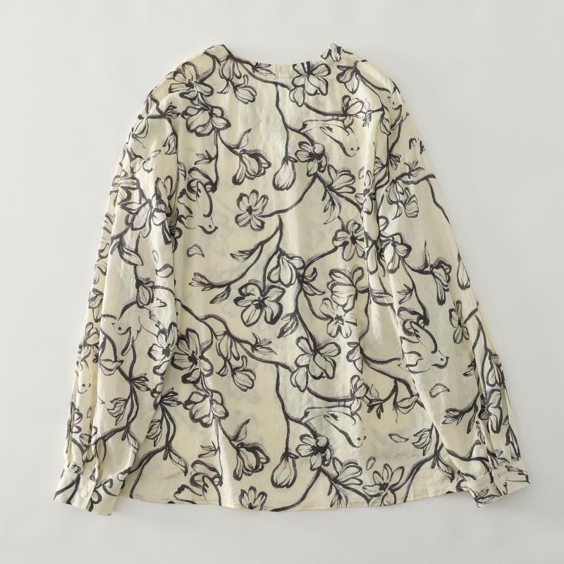 Autumn 2025 Floral Retro Style V-Neck Cotton Linen Shirt - Artistic Ink Painting, Age-Reducing, Plus Size Casual Top
