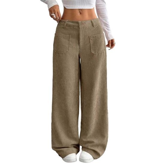 Women Pants Button Zipper Closure Straight Wide Leg Trousers with Pockets Solid Color Loose Fit Lounge Pants Daily Wear