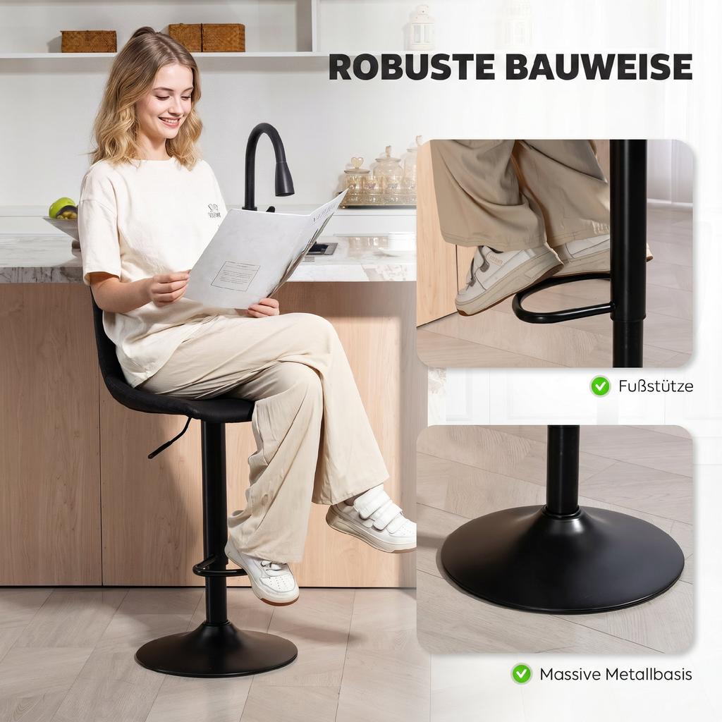 Set of 2 Bar Stools In Retro Design, Incl. Footrest, Height-Adjustable, Gas Lift, Black